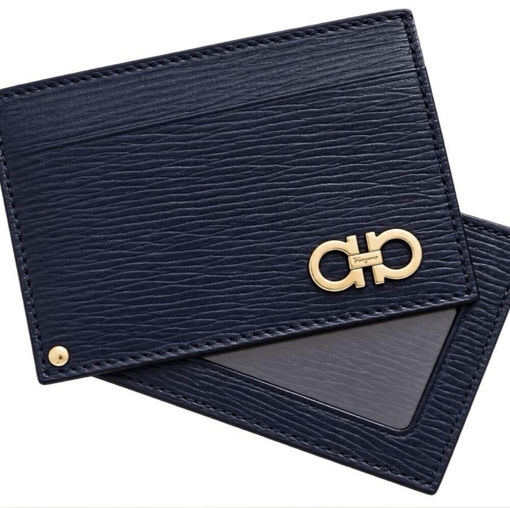 Ferragamo Revival Gancini Flip-Out ID Window Gancini Navy/Gold Card Case $350.00